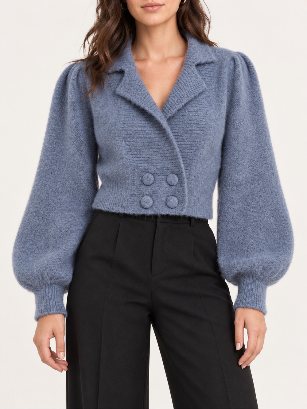 Zara Soft Fuzzy Cropped Cardigan Blue Gray Balloon Sleeves Size S